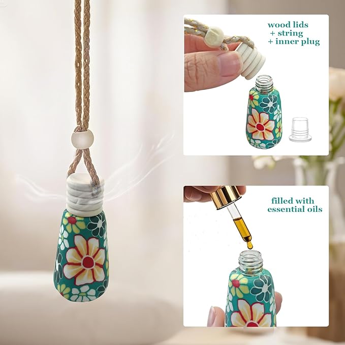 20Pcs 15ml Glass Car Diffuser Bottles Empty Bulk,Hanging Car Diffusers for Essential Oils,Refillable Car Air Freshener for Fragrance Perfume Aromatherapy with Flowers Women Home Decor,Color Random