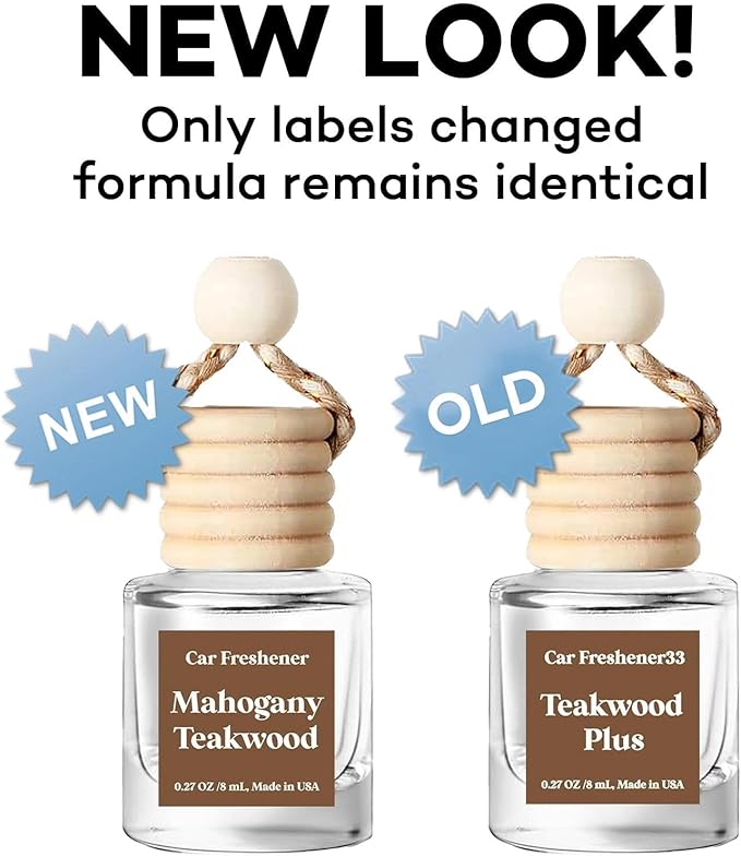 C Classy Car Air Freshener Hanging 2 Pack, Mahogany Teakwood Essential Oil Diffuser for Cars, Cute Glass Bottle Car Accessories for Women & Men Gift, Long-Lasting Fragrance, Made in USA
