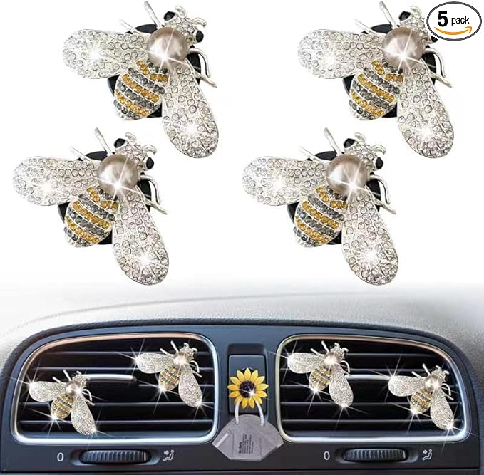 Bling Bee Air Vent Clips, 4 Pcs Crystal Bee Car Air Fresheners Car Diffuser Vent Clip Rhinestone Car Decoration for Women Interior Decor Bling Car Accessories + Sunflower Mask Hook