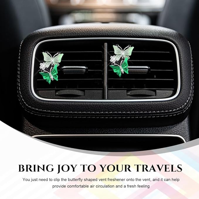 2PCS Car Air Vent Clips, Dual Butterfly Diamond Car Air Conditioner Outlet Vent Clip, Cute Car Diffuser Perfume Clip, Car Air Freshener Decor Accessories for Women Girl (Green, Style 1)