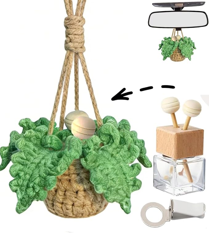 Handmade Crochet Car Air Freshener -Car Hanging Ornament Knitted Boho Plant for Decor,with 8ml Empty Refillable Oil Diffuser Bottle, Rear View Mirror Decoration Accessories