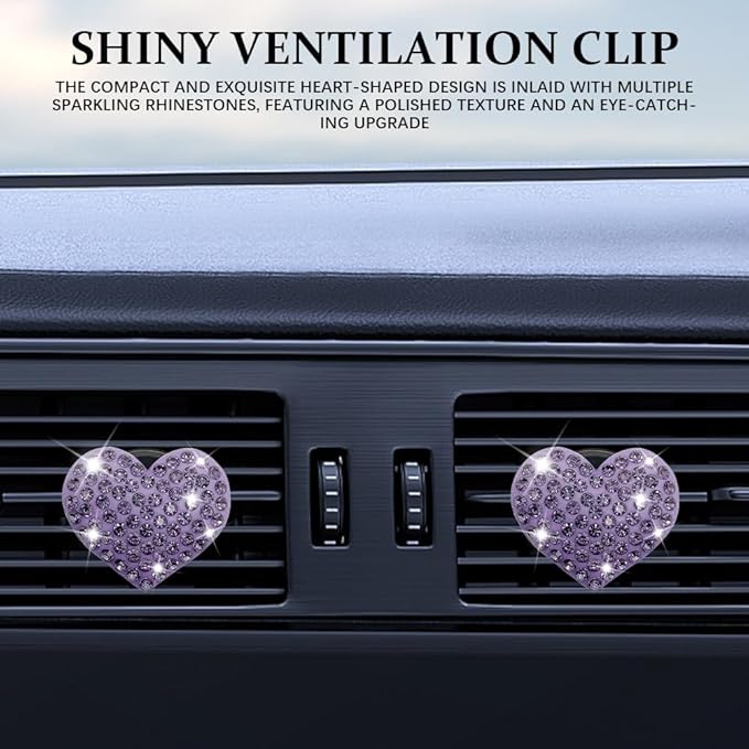 4PCS Heart-Shaped Car Vent Clip with Rhinestone, Vent Clip Car Accessories, Sparkly Rhinestone Bling Diamond Freshener Holder, Air Conditioning Outlet Ornament for Women Girls (Purple, Style1)
