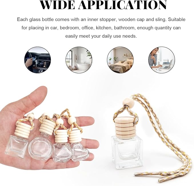 5 PCS Hanging Car Air Freshener, 8ml Empty Clear Glass Perfume Bottle Freshener Diffuser, Essential Oil Fragrance Aromatherapy Bottle Ornament for Car, Interior Car Accessories (Square)
