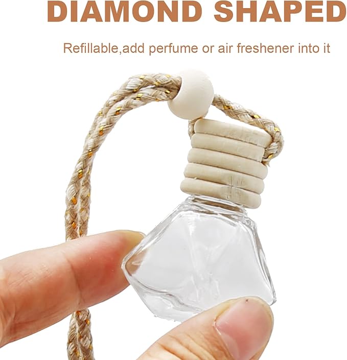 20pcs 8ML Diamond Shaped Glass Perfume Empty Bottles Five Line Lids Diamond Shaped Perfume Bottles Clear Glass Essential Oil Diffuser Oil Aromatherapy Perfume Hanging Bottles with Wooden Lids and Hanging String