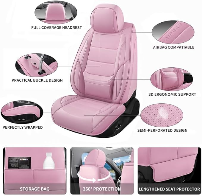 Car Seat Covers Full Set Custom Fit for Ford Focus 2000-2018 - Premium Leather with Lumbar Support, Breathable, Anti-Slip & Excellent Seating Experience (Pink, Full Set)