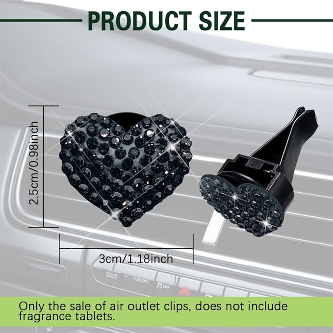 2PCS Bling Heart Air Vent Clips, Heart Car Accessories, Bling Heart Charm Air Conditioning Outlet Clip, Car Interior Decor Air Fresheners Vent Clips Universal Fit for Women and Girls (Black)