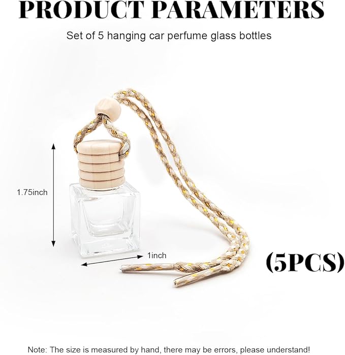 5 PCS Hanging Car Air Freshener, 8ml Empty Clear Glass Perfume Bottle Freshener Diffuser, Essential Oil Fragrance Aromatherapy Bottle Ornament for Car, Interior Car Accessories (Square)