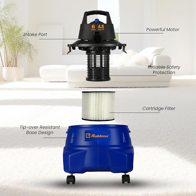 Koblenz Wet-Dry Vacuum Cleaner, 6-Gallon Tank, Superior 4.5 Peak HP Motor, Lightweight Vacuum Cleaner and Blower, Tackles Dry and Wet Messes, Accessories Included, Black+Blue (WD-6 L212)
