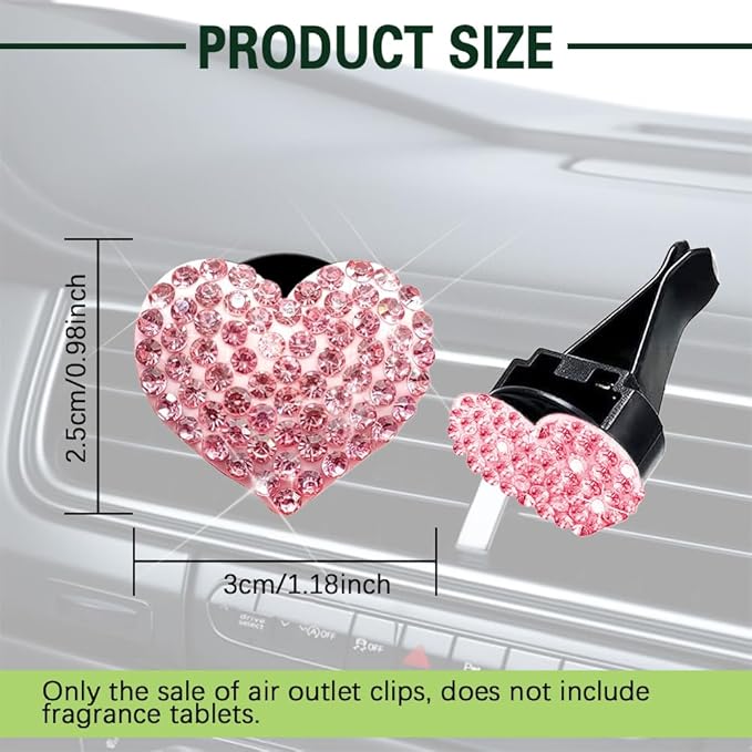 2PCS 2PCS Bling Heart Air Vent Clips, Heart Car Accessories, Bling Heart Charm Air Conditioning Outlet Clip, Car Interior Decor Air Fresheners Vent Clips Universal Fit for Women and Girls (Pink)