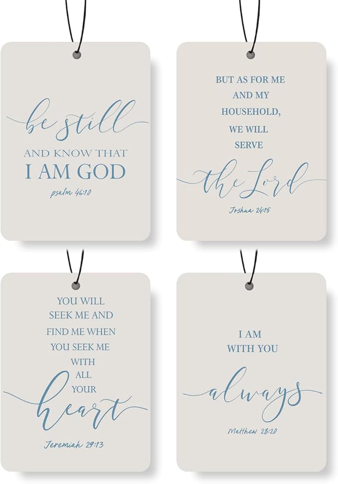 Christian Scripture Car Air Freshener 4Pcs, Inspirational Bible Quotes Hanging Scents, Gray BLUE Bible Quote Gift Air Freshener Hanging in Car Wardrobe Drawer or Book.
