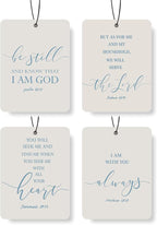 Christian Scripture Car Air Freshener 4Pcs, Inspirational Bible Quotes Hanging Scents, Gray BLUE Bible Quote Gift Air Freshener Hanging in Car Wardrobe Drawer or Book.