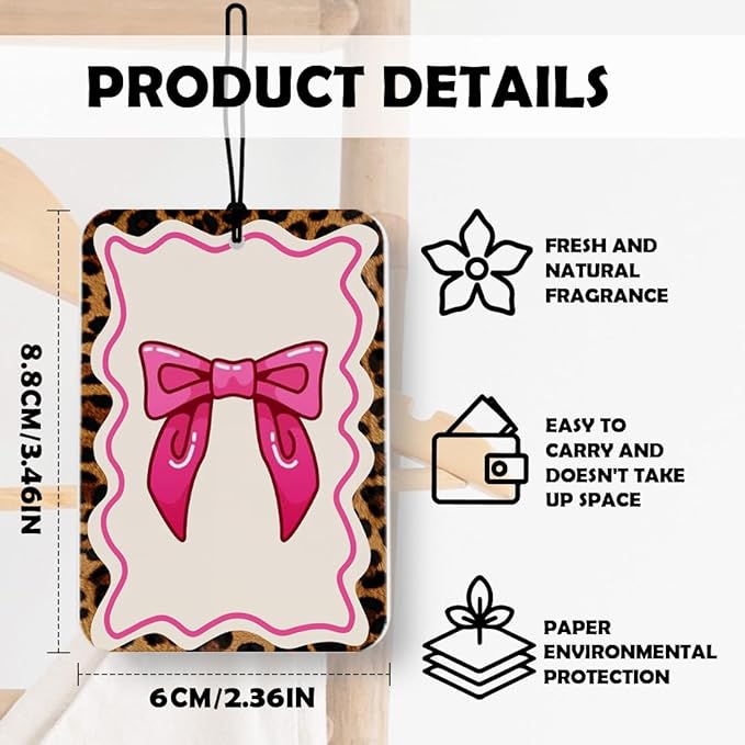 Hot Pink Cheetah Print Car Air Freshener 4 Pcs, Funky Y2k Coquette Bow Leopard Home Sweet Home Air Freshener Hanging Decor for Cars Closet Drawer Books Accessories Gifts