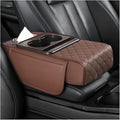Car Armrest Cushion, 5-in-1 Nappa Leather Vehicle Centre Console Cover with 2 Storage Pockets, Cup Phone & Phone Holder, Multifunctional Auto Organiser Accessories, Universal Fit (Coffee)