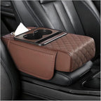 Car Armrest Cushion, 5-in-1 Nappa Leather Vehicle Centre Console Cover with 2 Storage Pockets, Cup Phone & Phone Holder, Multifunctional Auto Organiser Accessories, Universal Fit (Coffee)