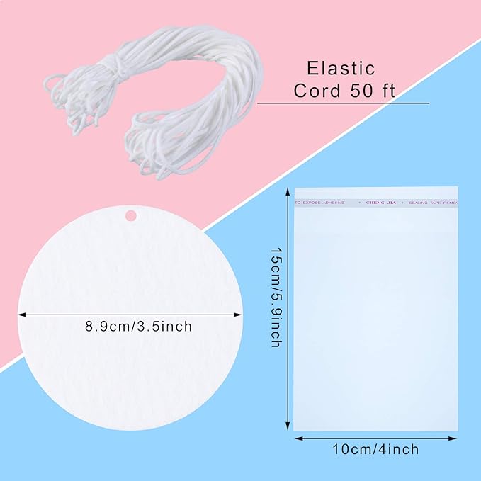 Maitys 50 Pieces Sublimation Air Freshener Blanks Car Scented Hanging Round Felt Air Freshener White Fragrant Sheets with 100 Pieces Bags and Elastic Rope for Car Interior Use and Decor
