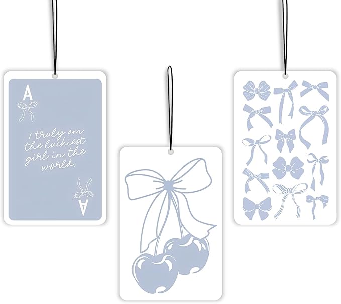 Coquette Blue Bow Cherry Lavender Car Air Freshener 3 Pcs, Preppy Girly Poker Ribbon Cherry Air Freshener Hanging Decor for Cars Closet Drawer Books, Cute Accessories Gifts for Women Girls