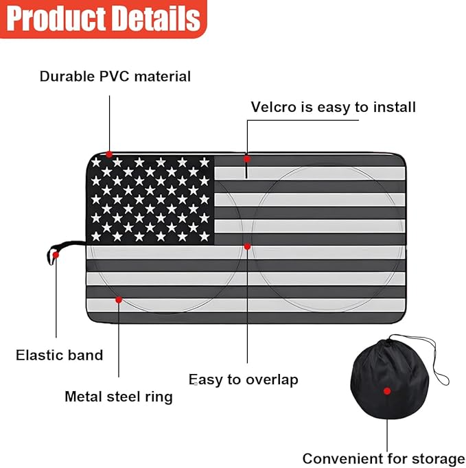 American Flag Car Windshield Sun Shade, Foldable Car Front Window Sunshade for Cars SUV Truck, Auto Interior Sun Protection Cover, Blocks UV Rays & Keeps Your Vehicle Cool (Black, M)