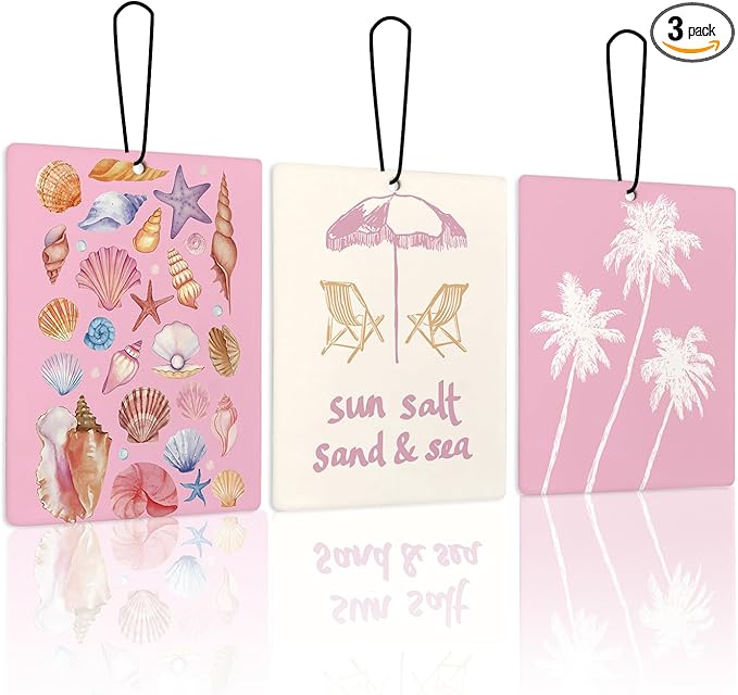 Pink Coastal Beach Lavender Car Air Freshener 3 Pcs, Preppy Beachy Seashell Conch Palm Tree Cars Scents Air Freshener for Women Girls, Ocean Beach Car Accessories Interior Mirror Decor Hanging