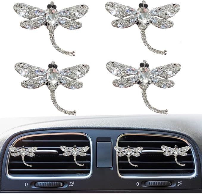 4Pcs Bling Rhinestone Crystal Dragonfly Air Freshener Vent Clips,Cute Car Air Fresheners Vent Clips Accessories,Refillable Car Diffuser, Glamorous Auto Decor (White)