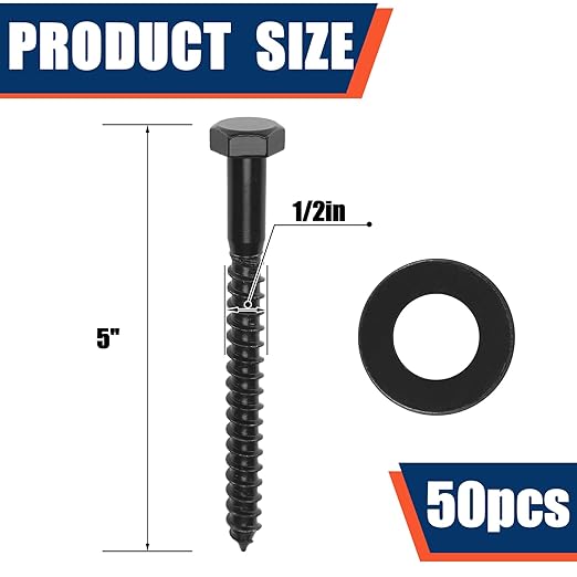 Tandefio 50 Pack 1/2''x 5'' Ceramic Black Lag Screw Kit with Washers Hex Lag Bolts Wood Screws Heavy Duty Ruspert Coating Hot Dip Galvanized Double Layer for Wood Decks Fences