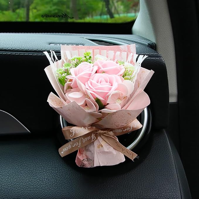 Mini Car Vent Clip Air Freshener, Aesthetic Floral Soap Rose Bouquet Diffuser Decor, Reusable Essential Oil Aroma Pad, Cute Car Accessories Gift for Women (Style I)