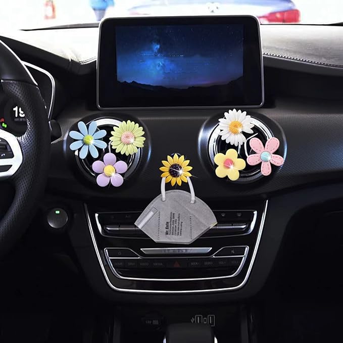 7 Pcs Cute Daisy Air Vent Clips, Flower Car Air Fresheners Vent Clips Cars Diffuser Vent Clip Charm Cars Decoration for Women Cute Interior Decor Flower Car Accessories + Sunflower Mask Hook