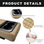 Car Center Console Armrest Pillow, 14"×8.3" Waterproof Leather Armrest Box Cover with Cup and Phone Holder, Soft Memory Foam Arm Rest Console Pad Protector for SUV Truck (Beige, Embroidery)