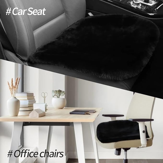 LLB Genuine Sheepskin Car Seat Cushion Seat Covers for Cars Trucks SUV Comfort Seat Protector Pad for Car Driver Seat Car Accessories for Women Office Chair Car Decor (Black Front Seat Cushion-1 Pc)