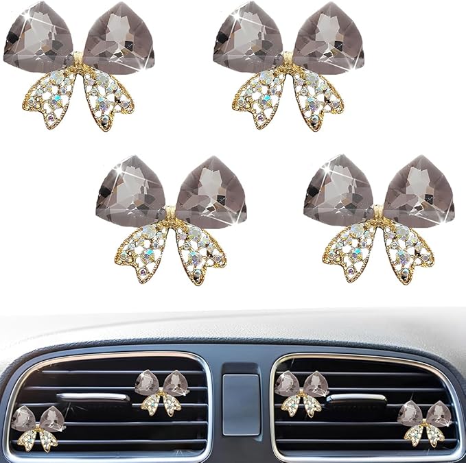 4 Pcs Bling Diamond Crystal Bow Vent Clips Car Interior Air Fresheners Automotive Rhinestone Decoration Adapt for Women and Girl (Black)