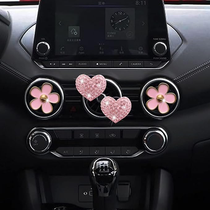 Bling Heart & Daisy Air Vent Clips, 4 Pcs Pink Heart & Flower Car Air Fresheners Vent Clips Diffuser Vent Clip Rhinestone Diamond Decoration Car Interior Decor Cute Accessories for Women