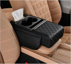 Car Center Console Cover, Memory Foam Nappa Leather Vehicle Armrest Cushion with Tissue Box, 2 Storage Bag & Holder, Automotive Arm Rest Protector Accessories, Universal Fit (Black)