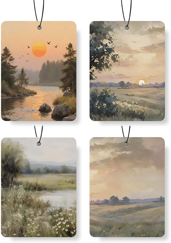 Sunset Landscape Car Air Freshener 4 Pcs, Oil Painting - Style Scenery Hanging Air Freshener for Cars Closet Drawer Books, Car Accessories Mirror Decor for Nature Lovers.