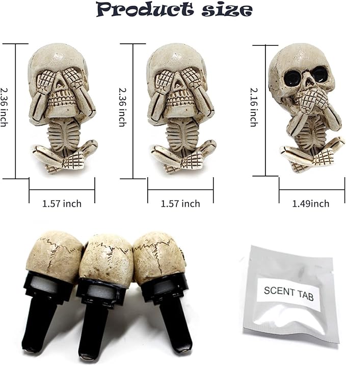 3 PCS Cute Skull Car Vent Clips 2.3In, Cooler Aromas Vents Skull Car Scent Air Freshener, Personalized Lucky Pendulums, Universal for Car Vents, Halloween, Office Home Decorations
