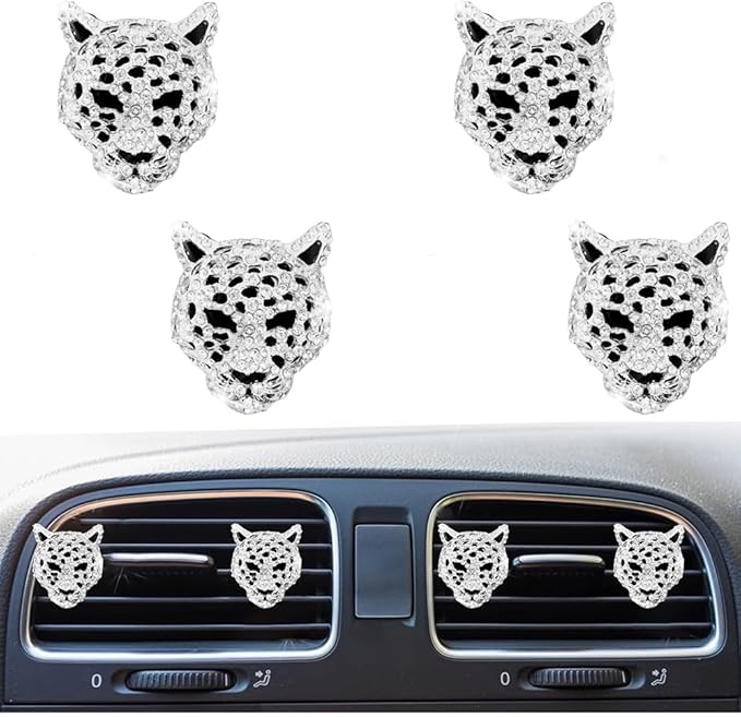 4 Pcs Bling Leopard Air Vent Clips, Crystal Car Air Fresheners Vent Clips Diffuser Rhinestone Leopard Decoration Car Interior Decor Bling Accessories for Women (White)