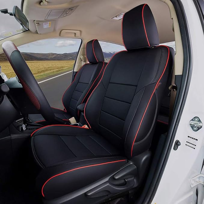EKR Rav4 Seat Covers Custom Fit for Toyota Rav4 LE(NOT for Hybrid) 2013 2014 2015 2016 2017 2018,Leather Car Seat Cover for Trucks SUV Full Set,Faux Leather(Black with Red Trim)