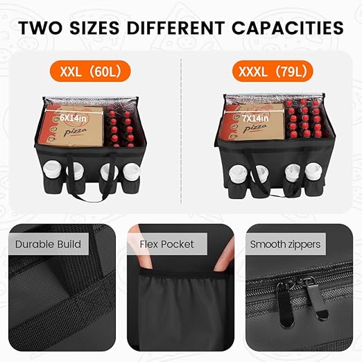 CIVJET Insulated Food Delivery Bag with 4 Cup Holders, XX-Large Insulated Grocery Bags Keep Food Hot/Cold, Cooler Bags with Drink Carrier, Food Carrier Catering Bag, Commercial Food Warmers, Black