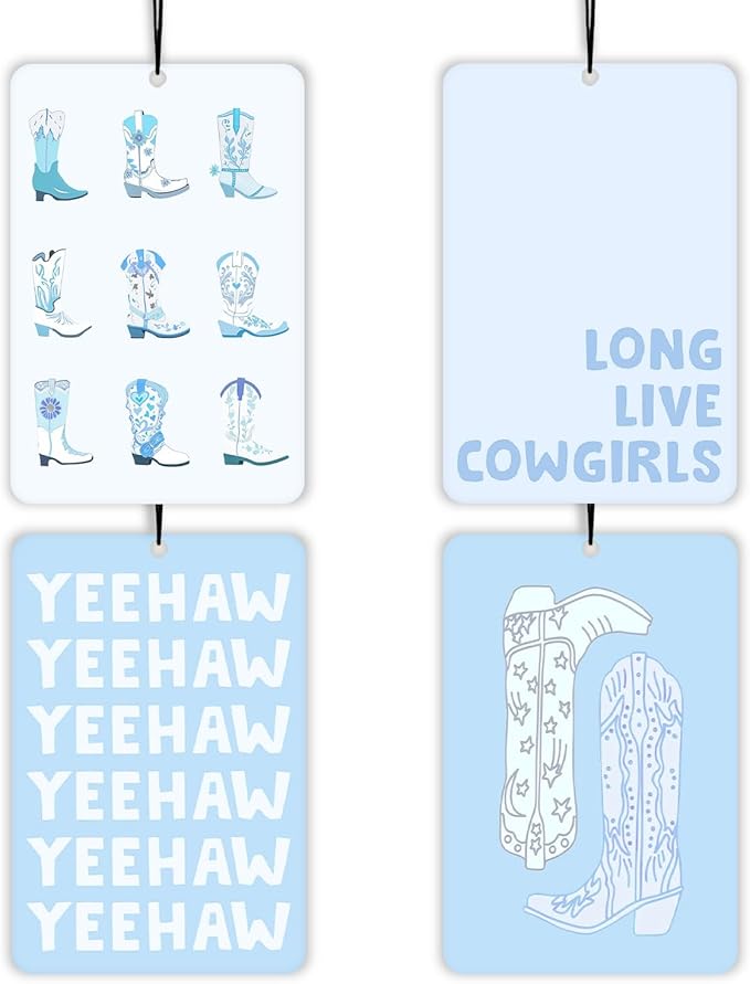 Preppy Blue Western Cowgirl Lavender Car Air Freshener 4 Pcs, Girly Floral Cowgirl Boots Air Freshener Hanging Decor for Cars Closet Drawer Books, Cute Areadeodorizer Gifts for Women Girls