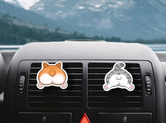 WIRESTER Set of 2 Fresh Scented Car Air Freshener Vent Clip, Decorative Accessories, Interior Decoration for Cars - Gray Tabby Cat Butt, Corgi Butt