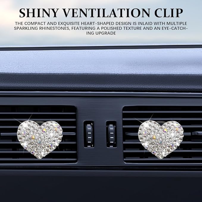 4PCS Heart-Shaped Car Vent Clip with Rhinestone, Vent Clip Car Accessories, Sparkly Rhinestone Bling Diamond Freshener Holder, Air Conditioning Outlet Ornament for Women Girls (White, Style1)