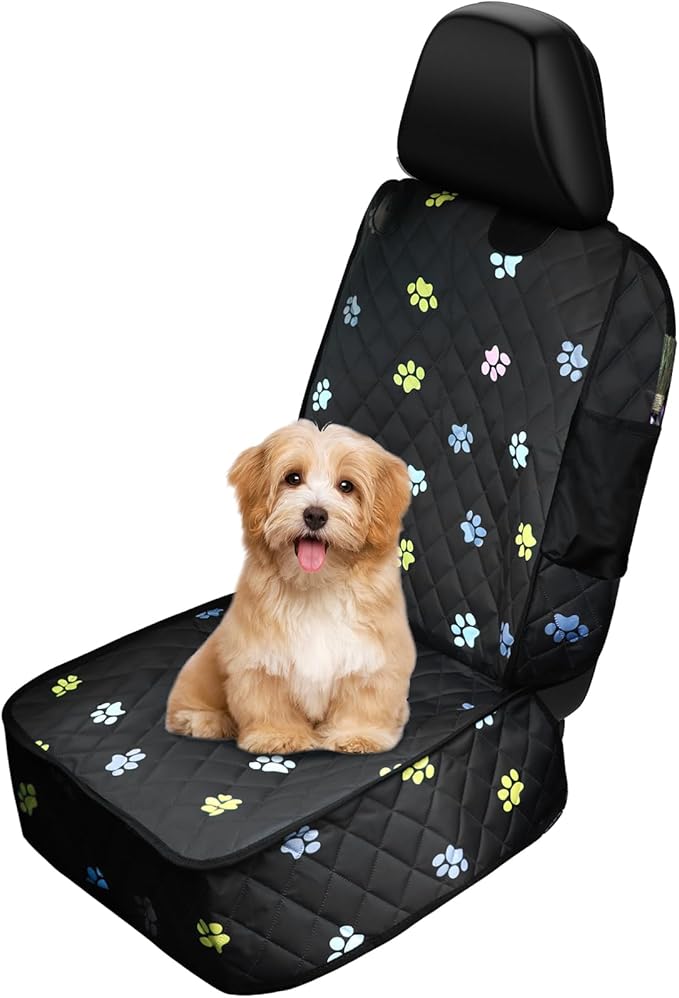 Riakrum Front Seat Dog Cover for Cars Trucks SUV Waterproof Scratchproof Nonslip Full Protection Pet Dog Car Seat Covers Cute Paw Print Front Passenger Chair Protector for Travel Bed Safety(Black)