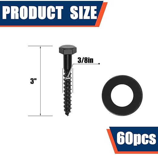 Tandefio 60 Pack 3/8''x 3'' Ceramic Black Lag Screw Kit with Washers Hex Lag Bolts Wood Screws Heavy Duty Ruspert Coating Hot Dip Galvanized Double Layer for Wood Decks Fences