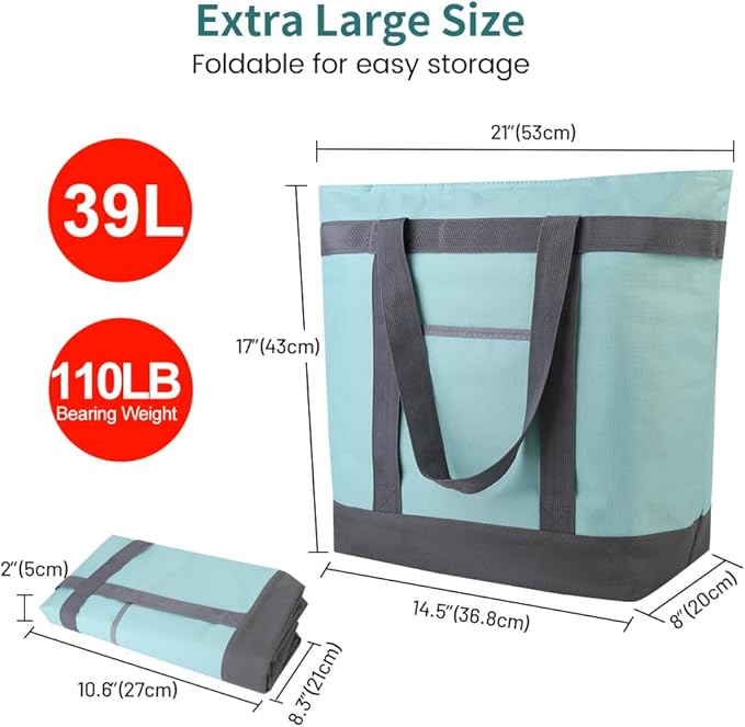mosago 2PK Reusable Grocery Tote Bags, Insulated Cooler Shopping Bag for Women, Pizza/Food Delivery Bags to Keep Food Hot/Cold for Commercial Food Transport, Cooler Bag for Travel/Picnic, Collapsible