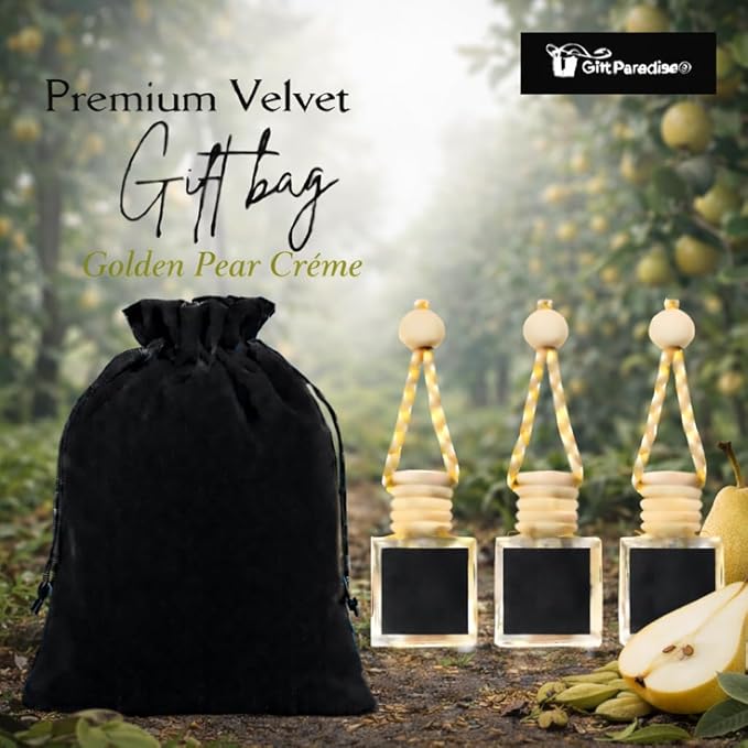 Golden Pear Crème Car Air Freshener Set of 3 (10 ml Each) | Hanging Diffuser with Velvet Gift Bag | Sweet Pear & Vanilla Aroma by Gift Paradise – Long-Lasting Luxury Car Fragrance for Home & Office
