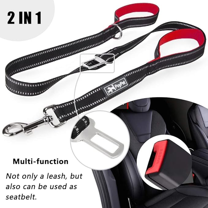 PoyPet 5 Feet Reflective Dog Leash Tether + Car Seat Belt+ Dual Padded Grip Handles (Red)