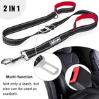 PoyPet 5 Feet Reflective Dog Leash Tether + Car Seat Belt+ Dual Padded Grip Handles (Red)