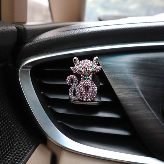 Cat Car Decor,2pcs Bling Car Air Freshener Vent Clips,Purple Princess Kitty Girly Dashboard Decorations for Women,Refillable Clips On Diffuser