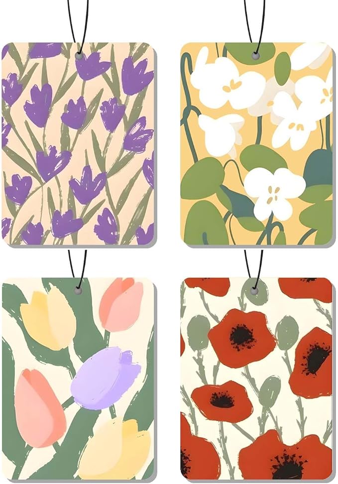 Floral Pattern Car Air Freshener 4 Pcs, Lavender/White Flower/Tulip/Poppy Hanging Scents, Botanical - themed Car Accessories for Women/Girls, Decor for Room/Closet/Drawer