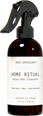 Muse Apothecary Home Ritual Active Odor Eliminator Spray - Furniture Deodorizer Spray & Bathroom Odor Eliminator for Home - Essential Oil Air Freshener - 4oz, Tonka Bean + Amber + Warm Cedarwood