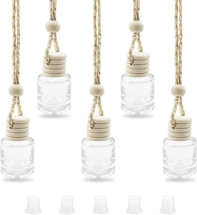 5 pcs Car Hanging Empty Glass Perfume Bottles Pendant Bottle, DIY Air Freshener Pendant, Empty Clear Glass Essential Diffuser Oil Aromatherapy, Glass Bottle Decor (Cylindrical)