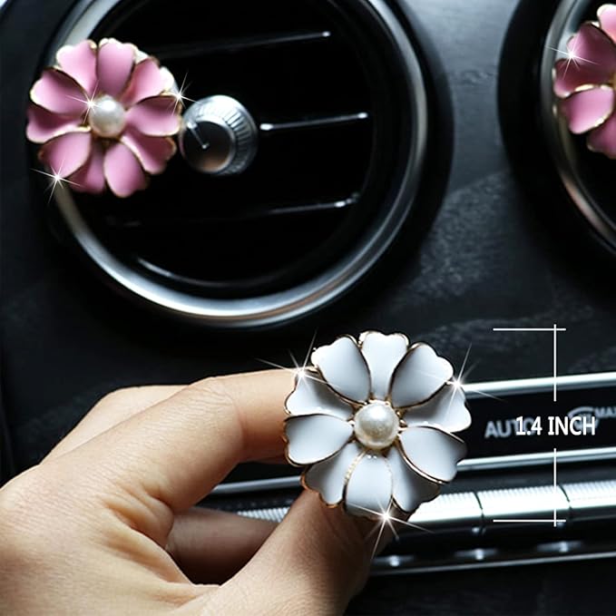 2 Pieces Daisy Flower Air Vent Clip Cute Car Air Freshener Clip Bling Pearl Car Air Outlet Decorations Charm Car Inter Decor Accessories for Girls Women